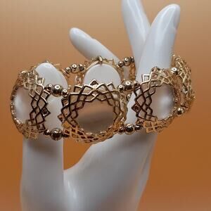 White Pearled Cabochon Stretch Bracelet, Gold Tone Filigree Frames, 7" plus